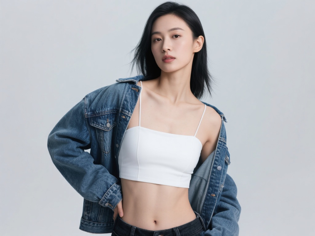 吴艳妮新造型亮相，白色抹胸配牛仔外套吸睛